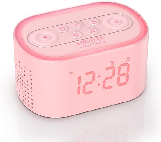 Reacher Pink Alarm Clock & Sound Machine for Girls Room, 21 Soothing Sounds, 7 Wake Up Sounds, 8 Night Lights, 32-Level Volume, Auto-Off Timer, Memory Function, Aesthetic Clock for Bedroom, Home