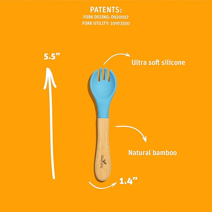 Avanchy Baby Fork Set, Bamboo and Silicone Spork Utensils, Toddler Baby Led Weaning Silverware Cutlery Flatware, Kids First Self Feeding, 2 Pack, Gray
