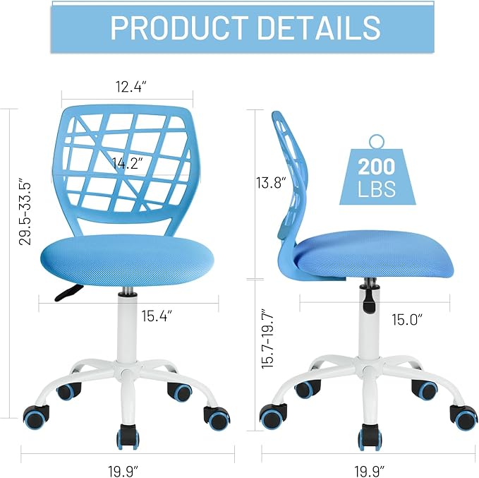 FurnitureR Kids Desk Chair, Small Office Chair Armless Adjsutable Swivel Task Chair with Soft Cushion for Study Kids Teens Child, Blue