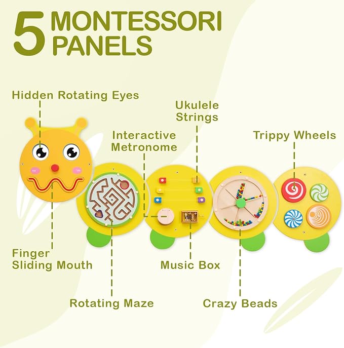 Monläurd® Caterpillar Montessori Busy Board,Sensory Board,Educational Toys,Activity Cube,Wall Toys,Daycare Furniture,Playroom Furniture,Interactive Toys,Wooden Toys,Learning Toys,Boys and Girls 6 M+
