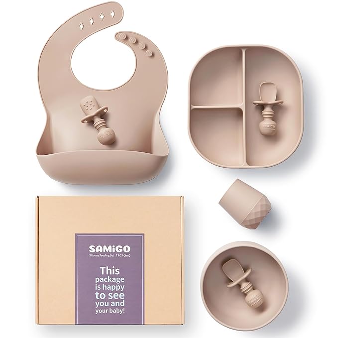 SAMiGO Silicone Baby Feeding Set, Baby Led Weaning Supplies, Suction Bowl Plate Bib Cup Self Feeding Spoons, Solid Food Eating Essentials, First Stage Utensils, 6+ Months