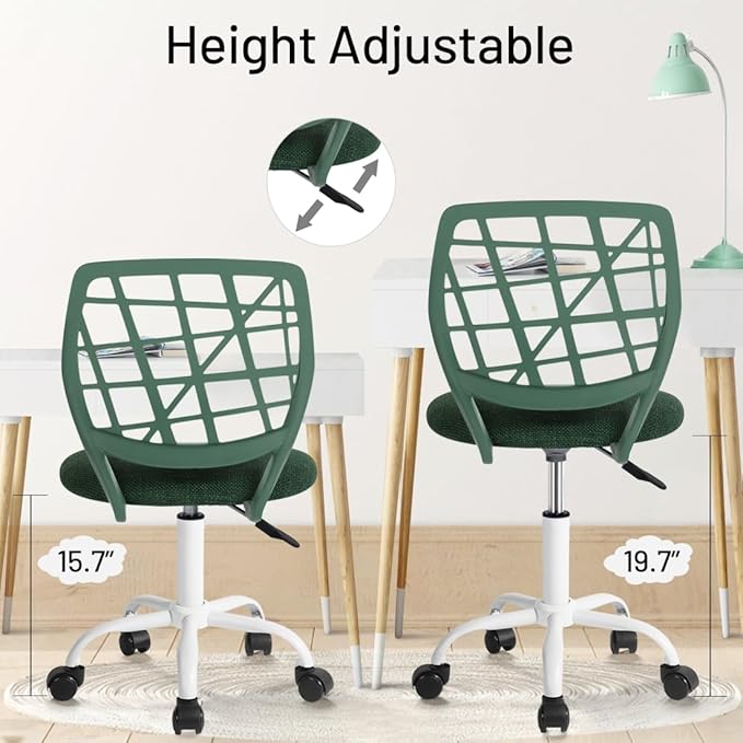 Kids Desk Chair, Fabric Office Chair Armless Small Mid Back Swivel Children Computer Task Chair Ergonomic Height Adjustable Study Chairs with Swivel Padded Cushion and Rolling Wheels, Dark Green