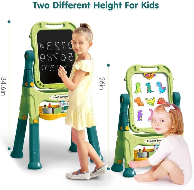 Kids Art Easel, Adjustable Drawing White Board & Chalk Board, Toddler Standing Easel with Painting Accessories, Gift for Girls Boy (Green)