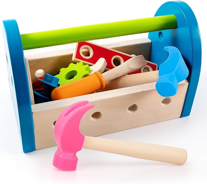 2 Pack Wooden Hammer Toys Simulation Hammers Maintenance Tools Educational Toys for Kids Birthday Party Games Supplies (Blue + Rose Red)