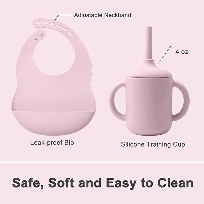 Silicone Baby Feeding Set 14 Pcs,Baby Led Weaning Supplies, Baby Spoons Suction Bowl Divided Plate Bib Cup Finger Brush,First Stage Solid Food Eating Utensils - 6+ Months(Light Pink)