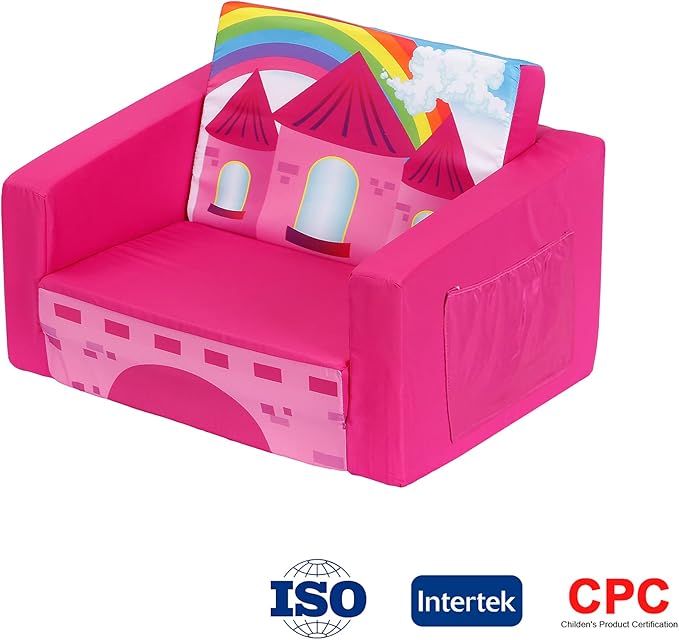 MallBest Kids Sofas Children's Sofa Bed Baby's Upholstered Couch Sleepover Chair Flipout Open Recliner(Rose red/Castle)