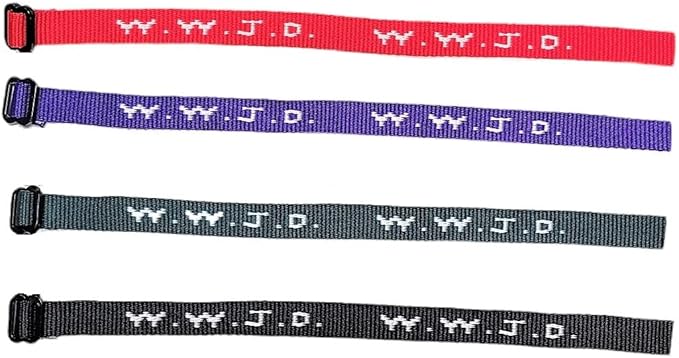AMERICAN WIT Colorful W.W.J.D. Webbing Bracelets (12 Pack) (“What would Jesus do?”) Colors: black, army green, purple, bright red Religious Christian Wristband,