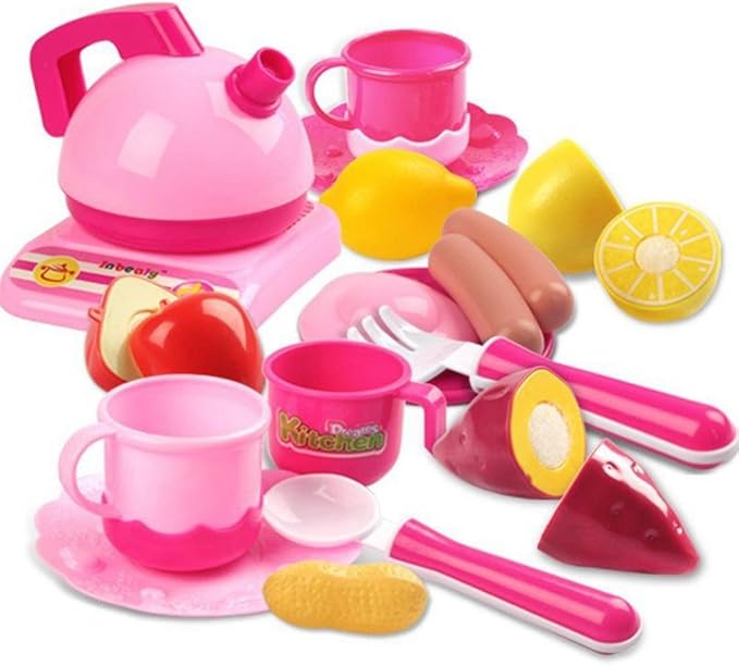 Kimicare 58 Piece Kitchen Cooking Set Girls Boys Fruit Vegetable Tea Playset Toy for Kids Early Age Development Educational Pretend Play Food Assortment Set