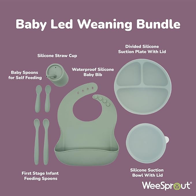 WeeSprout Baby Led Weaning Bundle, Silicone Suction Bowl, Spoons, Bib & Cup, Develops Self Feeding Skills, Dishwasher Safe (Confetti)
