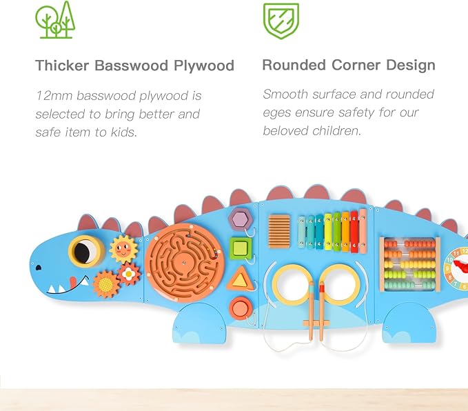 Dinosaur Sensory Wall Panel for Kids,10-in-1 Wall Toys for Toddlers, Montessori Busy Board,Toddler Playroom Bedroom Decor