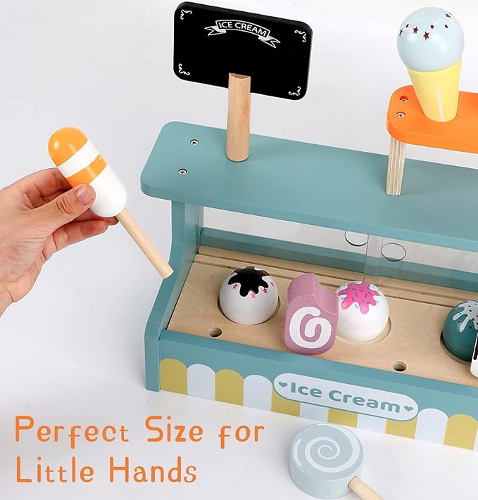 Wooden Ice Cream Toy Play Set, Ice Cream Truck Shop Stand Toys for Toddlers, Montessori Play Kitchen Accessories Wooden Food Set for Kids, Pretend Play for Toddlers
