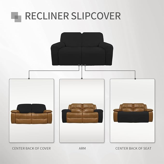 Easy-Going Oversized 6 Pieces Microfiber Stretch Sectional Recliner Loveseat Sofa Slipcover Soft Fitted Fleece 2 Seats Couch Cover Washable Furniture Protector with Elasticity for Kids Pet Black