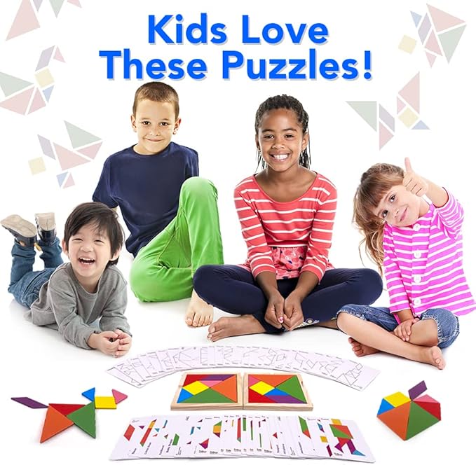 3 Bees & Me 2 Wooden Tangram Shapes Puzzle Toys with 52 Pattern Cards for Kids and Adults - Montessori Wood Toy, STEM Shape Puzzles Manipulatives Games, Educational Tangrams for Kids