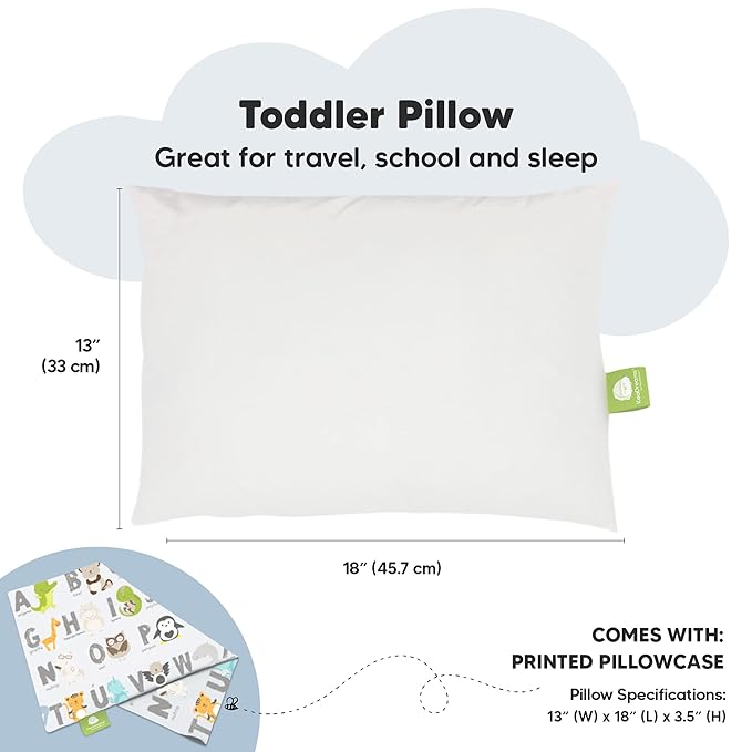 Toddler Pillow with Pillowcase - 13x18 My Little Dreamy Pillow, Organic Cotton Toddler Pillows for Sleeping, Kids Pillow, Travel Pillows, Mini Pillow, Nursery Pillow, Toddler Bed Pillow (KeaABC)