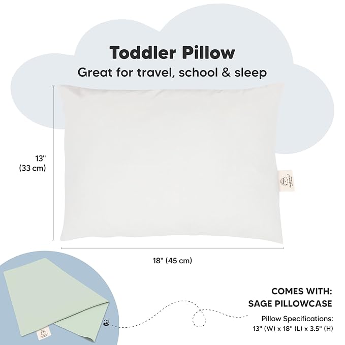 Toddler Pillow with Pillowcase - 13x18 My Little Dreamy Pillow, Organic Cotton Toddler Pillows for Sleeping, Kids Pillow, Travel Pillows, Mini Pillow, Nursery Pillow, Toddler Bed Pillow (Sage)