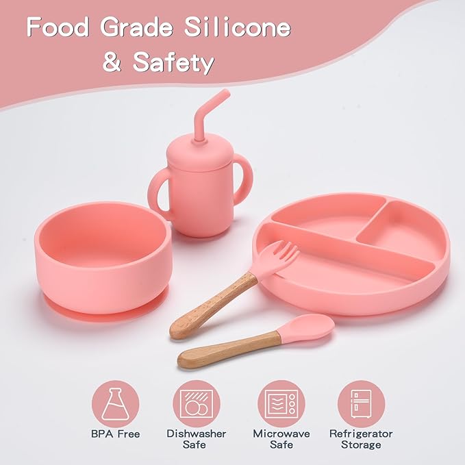 Silicone Baby Feeding Set,13PCS Baby Feeding Essentials with Suction Bowl and Plate,Spoons & Forks,Bib & Cup,Baby Toothbrush,Baby Led Weaning Supplies for 6+ Months,Baby Eating Essentials (Pink)