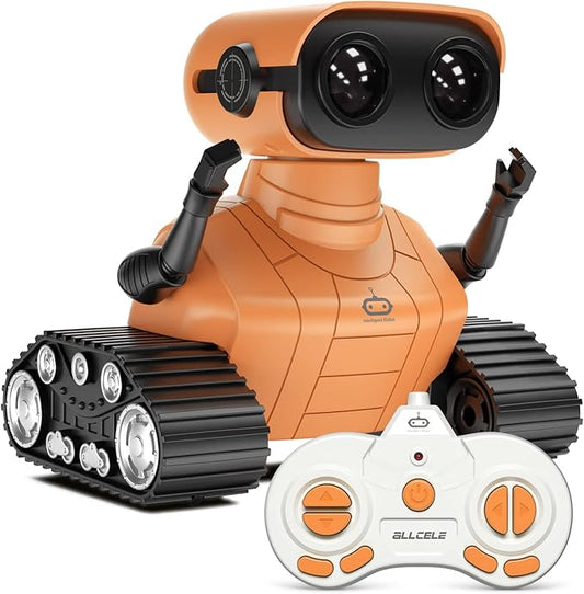 ALLCELE Robot Toys, Rechargeable RC Robots for Kids Boys, Remote Control Toy with Music and LED Eyes, Gift for Children Age 3 Years and Up - Orange