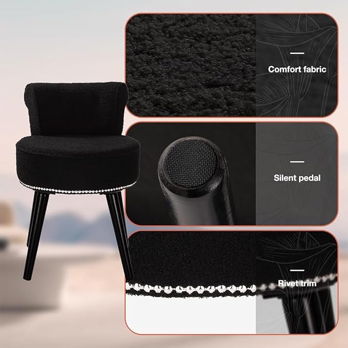Sherpa Vanity Chair with Back Small Makeup Chair with Wood Legs Teddy Vanity Stool Tufted Accent Chairs with Low Back Makeup Chair for Vanity for Women Girl and Kids (Black)