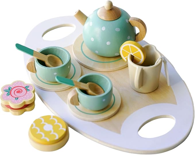Wooden Tea Party Set for Little Girls Toys, Pretend Play Kids Tea Set for Toddlers Wood Toys, Wooden Play Food Kitchen Accessories Sets for Kid