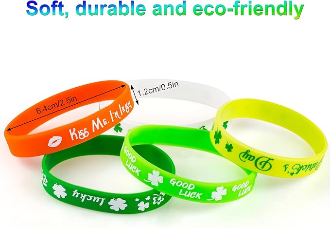 30pcs St. Patrick's Day Rubber Bracelets Silicone Wristbands for St. Patrick's Day Party Favors Supplies Shamrock Rubber Bracelets for kids&teens Gifts Holiday Party Favor Accessories Sets