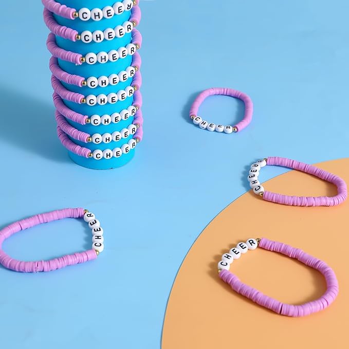 24 Pcs Cheerleader Gifts for Girls Handmade Friendship Bracelets for Teen Girls Stretch Cheer Bracelets Y2k Cheer Stuff Stackable Clay Bead Bracelets Bulk Teens Birthday Christmas Party Favors