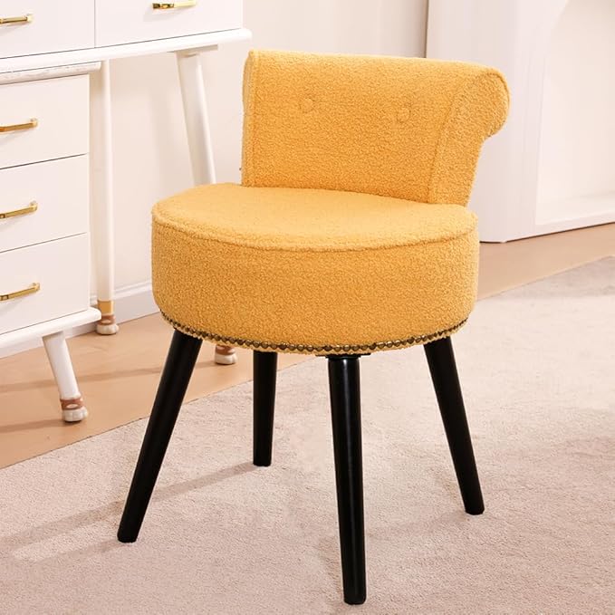 Sherpa Vanity Chair with Back Small Makeup Chair with Wood Legs Sherpa Vanity Stool Tufted Accent Chairs with Low Back Makeup Chair for Vanity for Women Girl and Kids (Yellow)