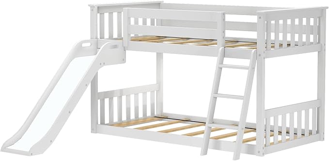 Max & Lily Solid Wood Twin Over Twin Size Low Bunk Beds for Kids with Slide and Ladder, 400 lbs Weight Capacity, 14" Safety Guardrail, Anti-Slip Steps, White