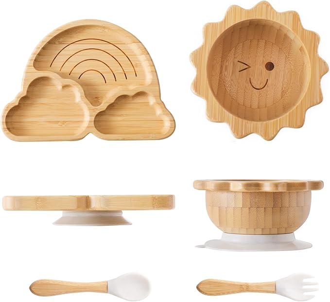Bamboo Suction Plates Bowls Set for Baby Toddler Divided Platter Food bowl with Silicone Fork & Spoon All-Natural Baby Feeding Set for Baby-Led Weaning, Non-Slip Design