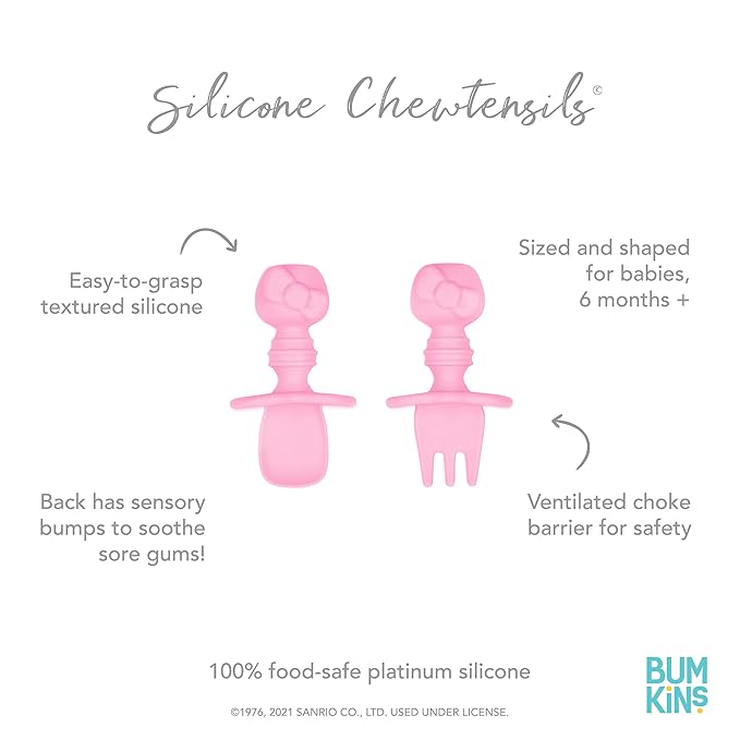 Bumkins Baby Utensils Set, Chewtensils Silicone Spoons for Dipping, Self-Feeding, Baby Led Weaning, Trainer Learning, First Stage Eating, Soft Practice Fork and Spoon, 6 Months, Hello Kitty Pink
