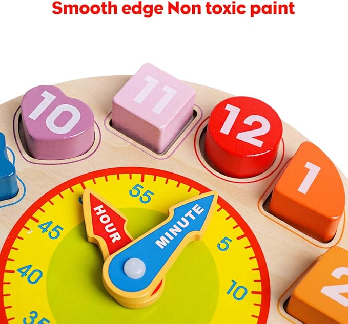 Skrtuan Wooden Shape Color Sorting Clock- Teaching Time Number Blocks Clock Shape Sorting Puzzle Montessori Early Learning Educational Toy Gift for 1 2 3 Year Old Toddler Baby Kids
