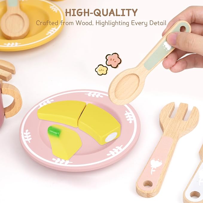 20 PCS Kitchen Playset with Wooden Toy Plates and Dishes, Montessori Kitchen Toys for Girls and Boys, Wooden Play Kitchen Accessories for Kids Toddlers Aged 3 and up