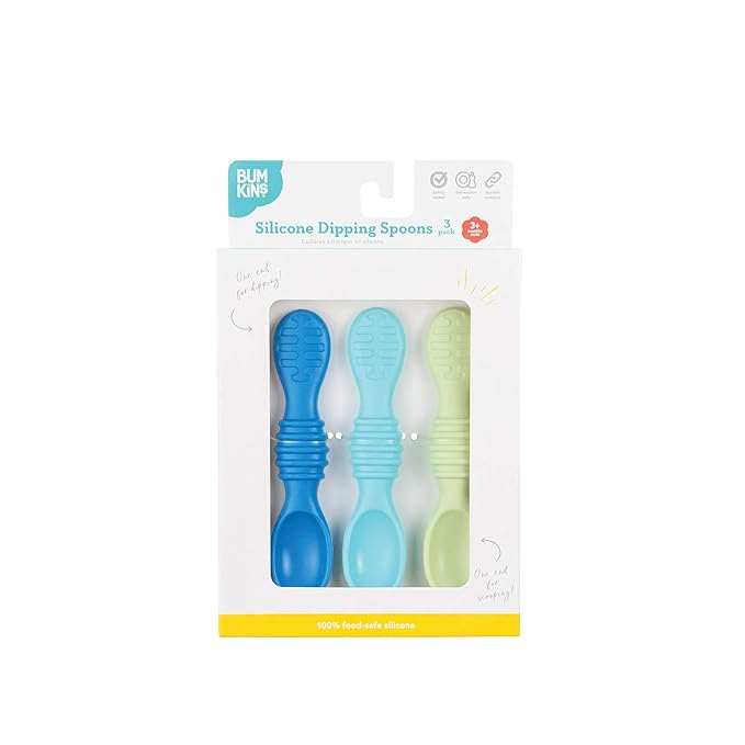Bumkins Baby Utensil Set, Silicone Trainer Spoons for Dipping, Soft Tip, Self-Feeding, Chew, Baby Led Weaning, First Year Training Supplies, Essentials in Learning Eating, 4 Mos, 3-pk Blue and Green
