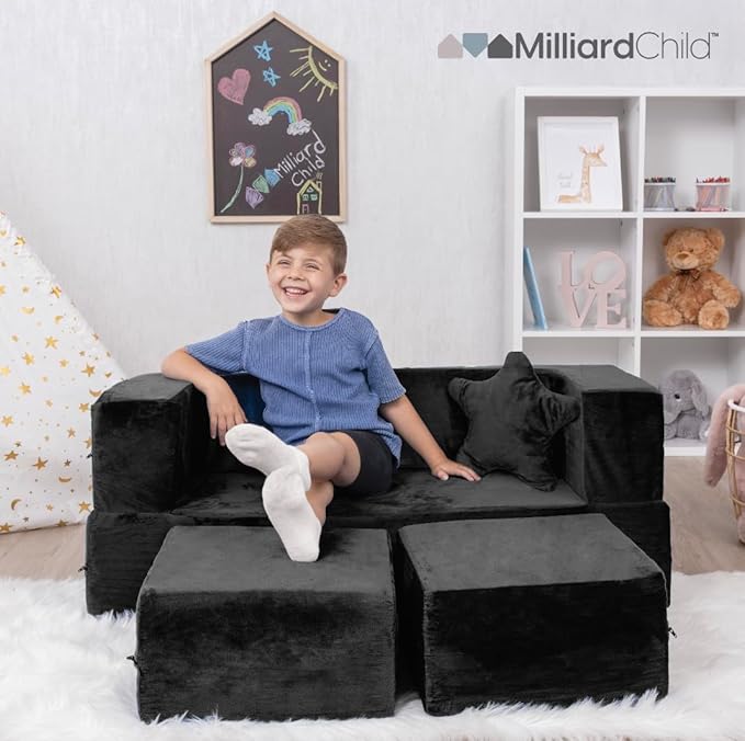 Milliard Kids Couch - Modular Kids Sofa for Toddler and Baby Playroom/Bedroom Furniture (Black) with Bonus Pillow