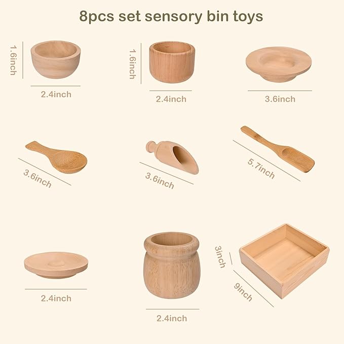 Sparkle Race Sensory Bin Tools with Wooden Box Tray Montessori Toys for Toddlers, Waldorf Toys, Wooden Scoop Dish and Tongs for Kids, Montessori Kitchen for Sensory Table Fine Motor Learning Skills