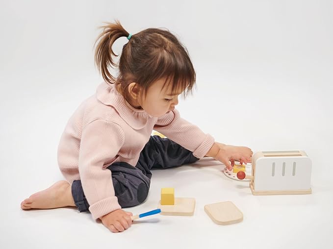 Mentari Toys - Rise & Shine Toaster Set - 10pc Wooden Toaster Toy with Pretend Play Food Accessories - Kids Role Play Kitchen/Cafe Toy - Improves Motor Skills - Sparks Creativity - Age 3+