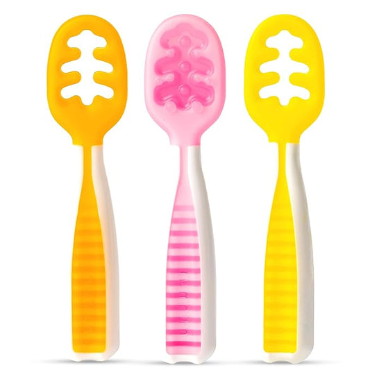 NumNum Baby Spoons Set, Pre-Spoon GOOtensils for Kids Aged 6+ Months - First Stage, Baby Led Weaning (BLW) Spoon - Self Feeding, Silicone Toddler Food Utensils - 3 Spoons, Pink/Yellow/Orange