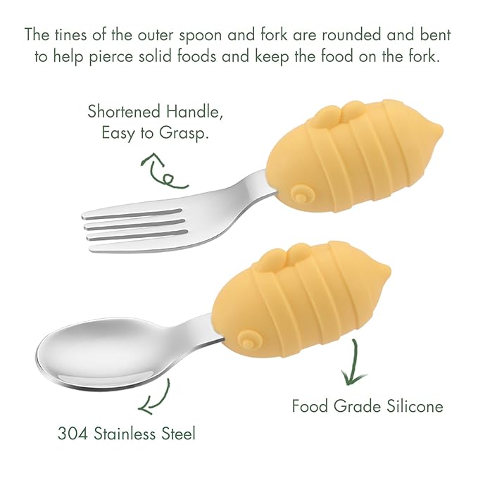Baby Fork and Spoon Set with Carry Case Baby Training Utensils Self Feeding Toddler Silverware Silicone and Stainless Steel Kids and Toddler Utensil Set-Bees