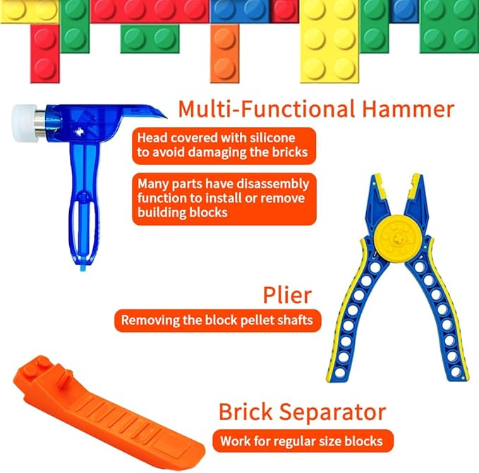 5-in-1 Motor Kit Compatible with Lego Technic：M Motor,Battery Box,2.4G Receiver,Remote Control， with Building Block Tool Kit：Brick Separator, Multi-Use Hammer, Block Pliers