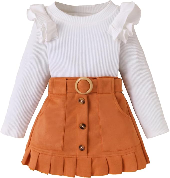 Fernvia Toddler Baby Girl Fall Winter Skirt Set Turtleneck Ribbed Long Sleeve T-Shirt Top & Plaid Skirts Dress 2Pcs Outfits