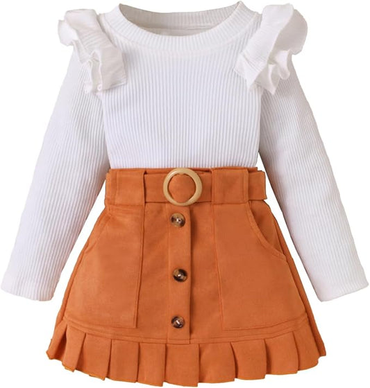 Fernvia Toddler Baby Girl Fall Winter Skirt Set Turtleneck Ribbed Long Sleeve T-Shirt Top & Plaid Skirts Dress 2Pcs Outfits