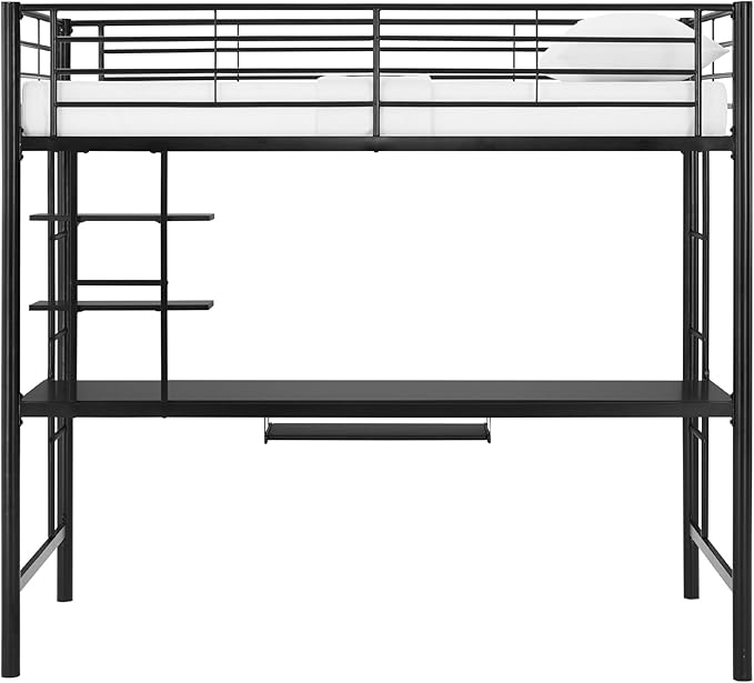 Walker Edison Timothee Urban Industrial Metal Double over Computer Desk Bunk Bed, Full Double, Black