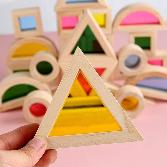 Xylolin Wooden Building Blocks for Toddlers 1-3, 24 Pieces Set Big Toddler Wood Sensory Blocks, Wooden Rainbow Kids Stacking Blocks, Large Colored Window Blocks Educational Toys for Boys Girls