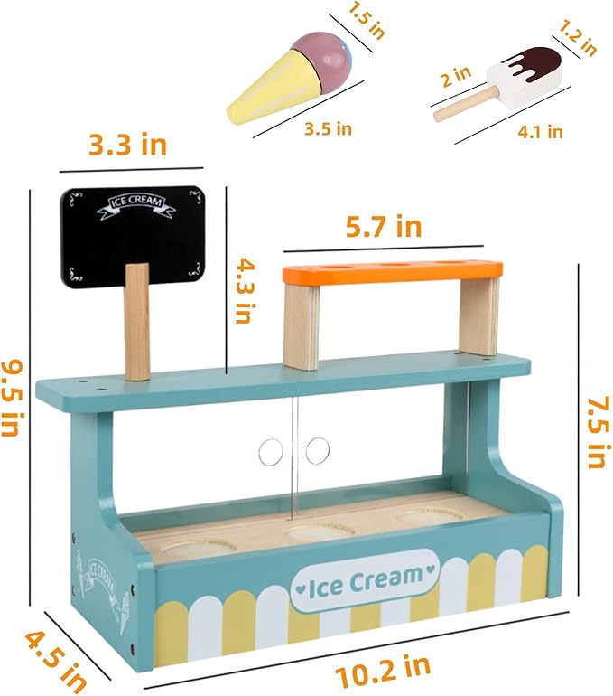 Wooden Ice Cream Toy Play Set, Ice Cream Truck Shop Stand Toys for Toddlers, Montessori Play Kitchen Accessories Wooden Food Set for Kids, Pretend Play for Toddlers
