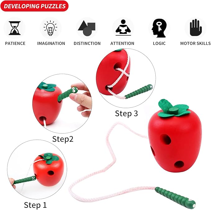 Early Development Toys Wooden Lacing Toys, Montessori Activity Caterpillars Eat Apple and Kids Cheese Toys, Children Learning Educational Wood Block Puzzles Toy for Toddlers Boys Girls