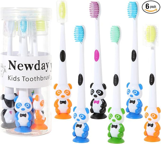 Newday Kids toothbrushes 6 Pack Set Soft Bristles with Suction Cup, Includes Travel Covers, Bear Panda toothbrushes for Kids Boys & Girls, Toddlers &Children Teeth Age 3+