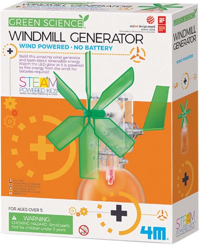 4M Toysmith, Green Science Windmill Generator Kit, DIY Science Kit With LED Lights, For Boys & Girls Ages 8+ (Packaging May Vary)
