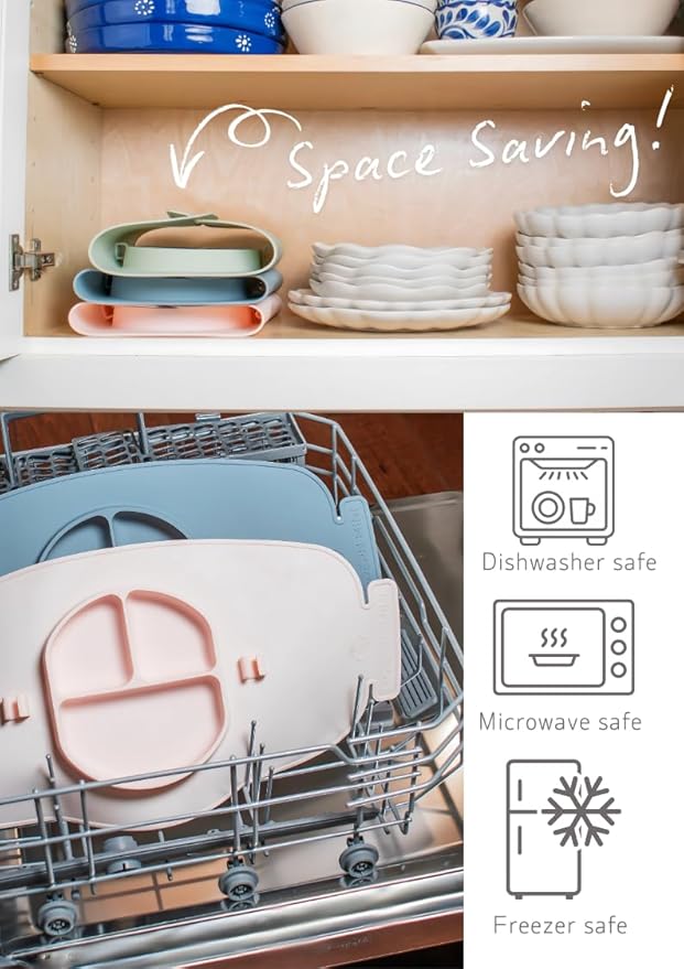 Silicone Suction Plate, Baby Toddler, Divided Plate with Fork & Spoon - Unbreakable, Non-Toxic, Food Grade Silicone, Strong Suction Grip, Spill Proof & Foldable for Travel!