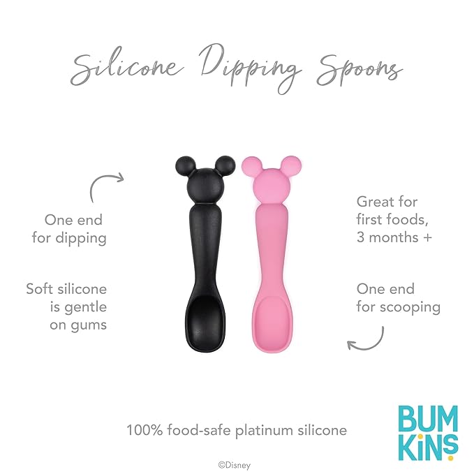 Bumkins Disney Baby Utensil Set, Silicone Trainer Spoons for Dipping, Soft Tip, Self-Feeding, Chew, Baby Led Weaning, First Year Training Supplies, Essentials in Eating, 4 Mos, 2-pk Minnie Mouse