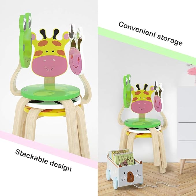 iPlay, iLearn 2 PCS Wooden Kids Chair Sets, Natural Hardwood Giraffe & Cow Animal Children Chairs, Furniture Set for Toddlers Kids Boys Girls, Stackable for Playroom, Nursery, Preschool, Kindergarten