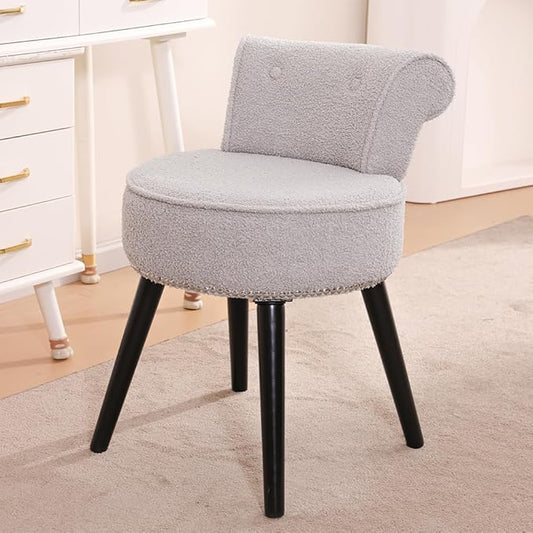 Sherpa Vanity Chair with Back Small Makeup Chair with Wood Legs Sherpa Vanity Stool Tufted Accent Chairs with Low Back Makeup Chair for Vanity for Women Girl and Kids (Grey)